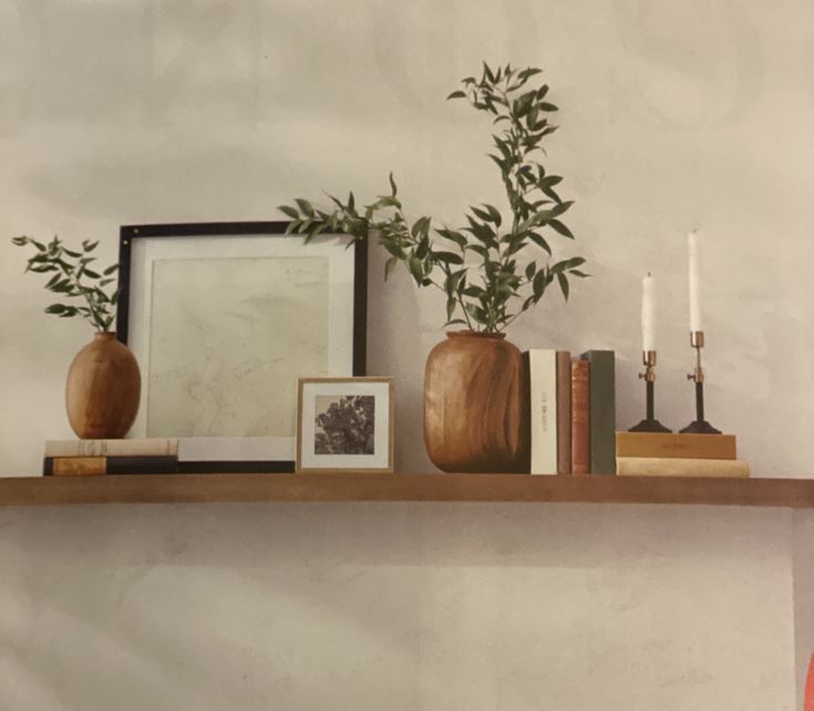 a mantel with books, plants and pictures on it in front of a fireplace