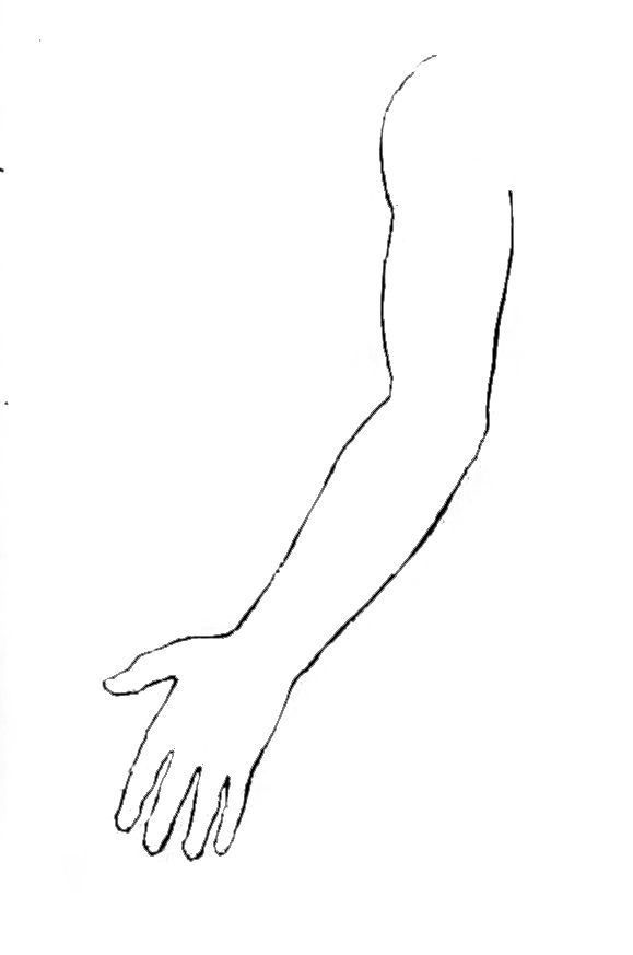 a black and white drawing of a person's arm with one hand on it