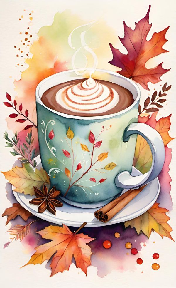 a painting of a cup of coffee with autumn leaves and cinnamons on the side