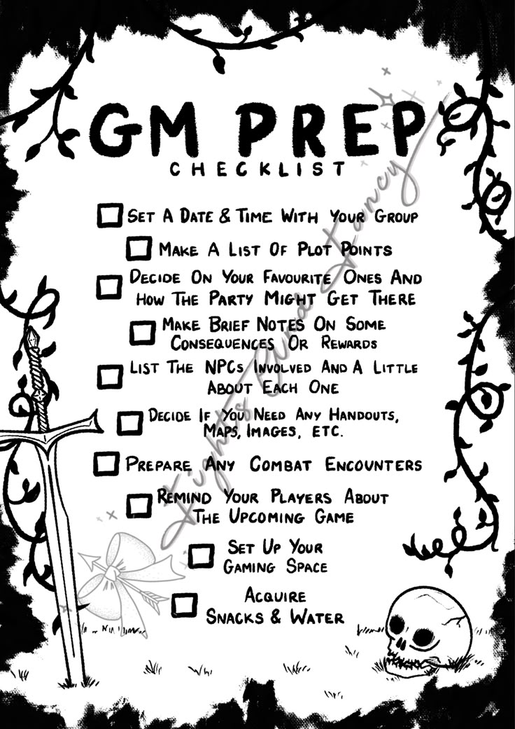 a black and white poster with the words g m prep checklist written on it