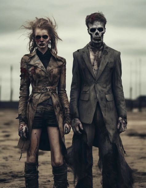 two people dressed up as zombies standing in the middle of a dirt field with their hands on each other's hips