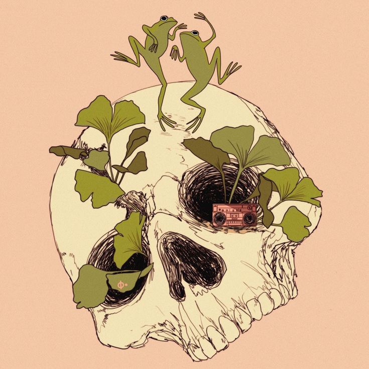 a frog sitting on top of a human skull with plants growing out of its mouth