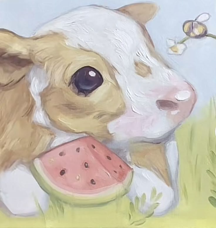 a painting of a brown and white cow eating a piece of watermelon with a flower in the background