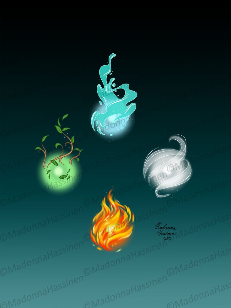 four different types of fire and water on a dark background