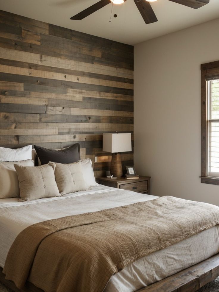 a large bed sitting under a wooden ceiling fan