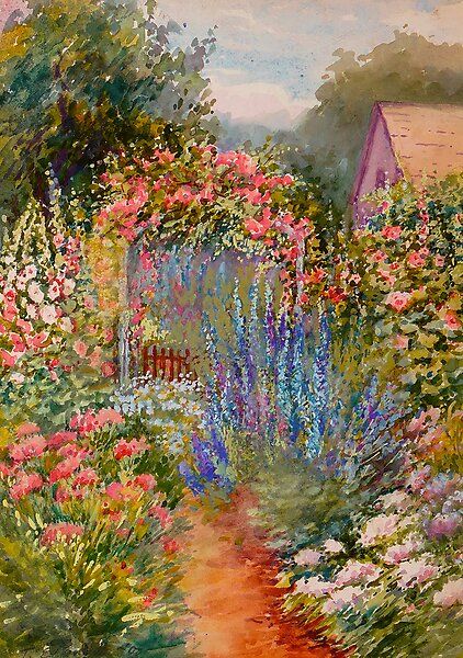 an oil painting of a garden with flowers and a house in the backgroun