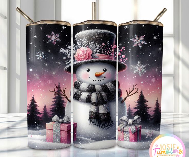 three snowmen with presents in front of them