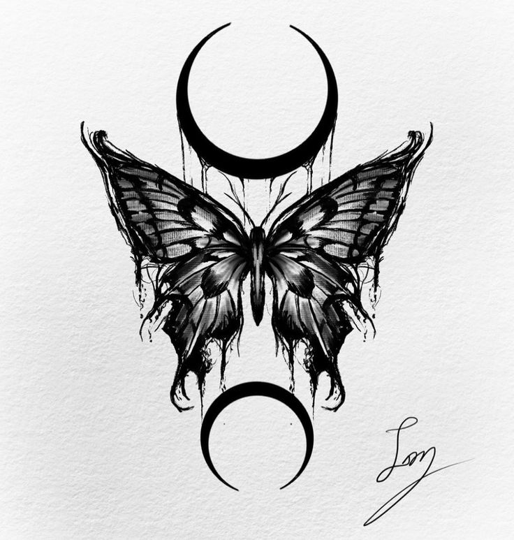 a drawing of a butterfly with crescent moon and crescent tattoo designs on it's wings