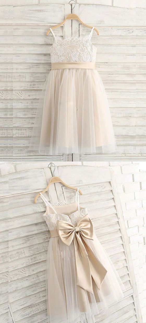 A Line Spaghetti Straps Light Champagne Flower Girl Dress With Lace Champagne Flower Girl Dress, Champagne Flower Girl, Flower Girl Dresses Champagne, Champagne Flowers, Girls Lace Dress, Tulle Flower Girl, Tulle Flowers, Lace Prom Dress, Flower Girl Dresses Tulle