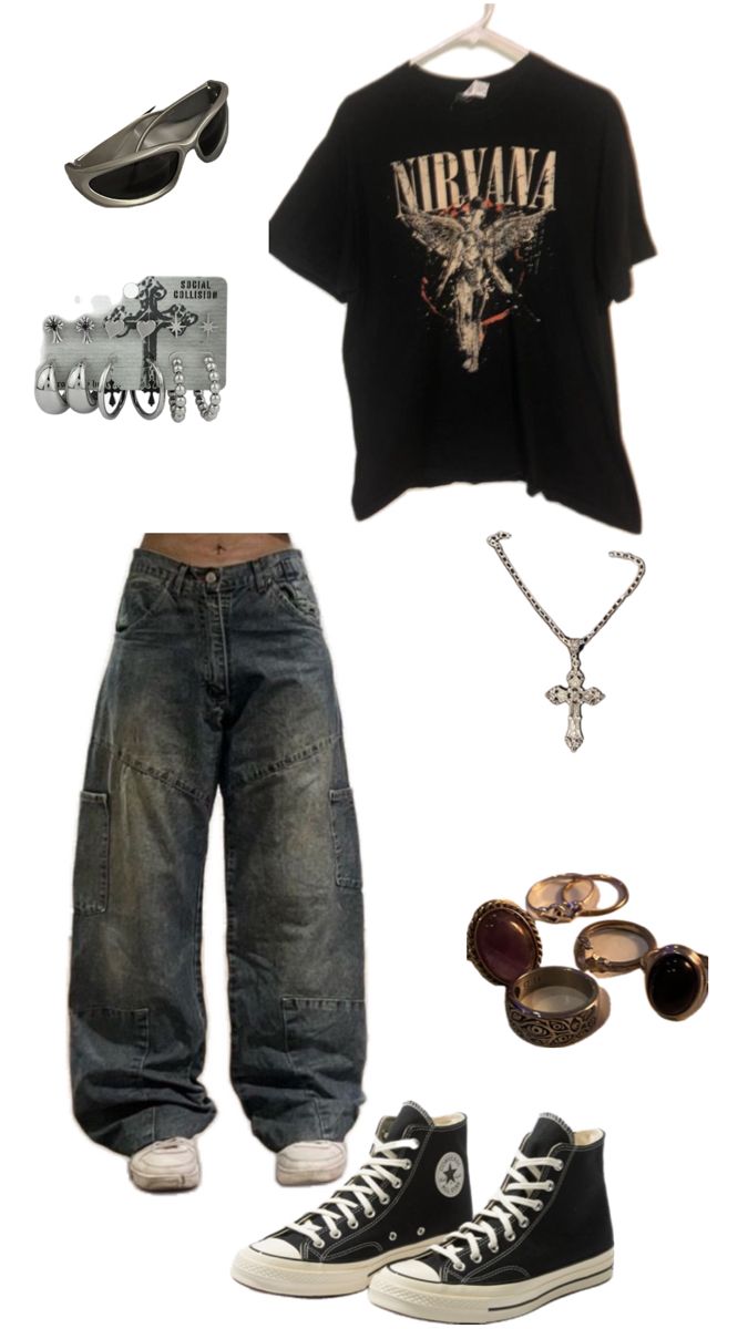 tags: streetwear outfit fit converse jewelry nirvana shirt grunge top y2k emo jeans earrings sunglasses tara yummy jake webber Looks Pinterest, Outfit Layout, Clothes And Shoes, Swaggy Outfits, Really Cute Outfits, Streetwear Outfits, Edgy Outfits, Casual Style Outfits, Teen Fashion Outfits