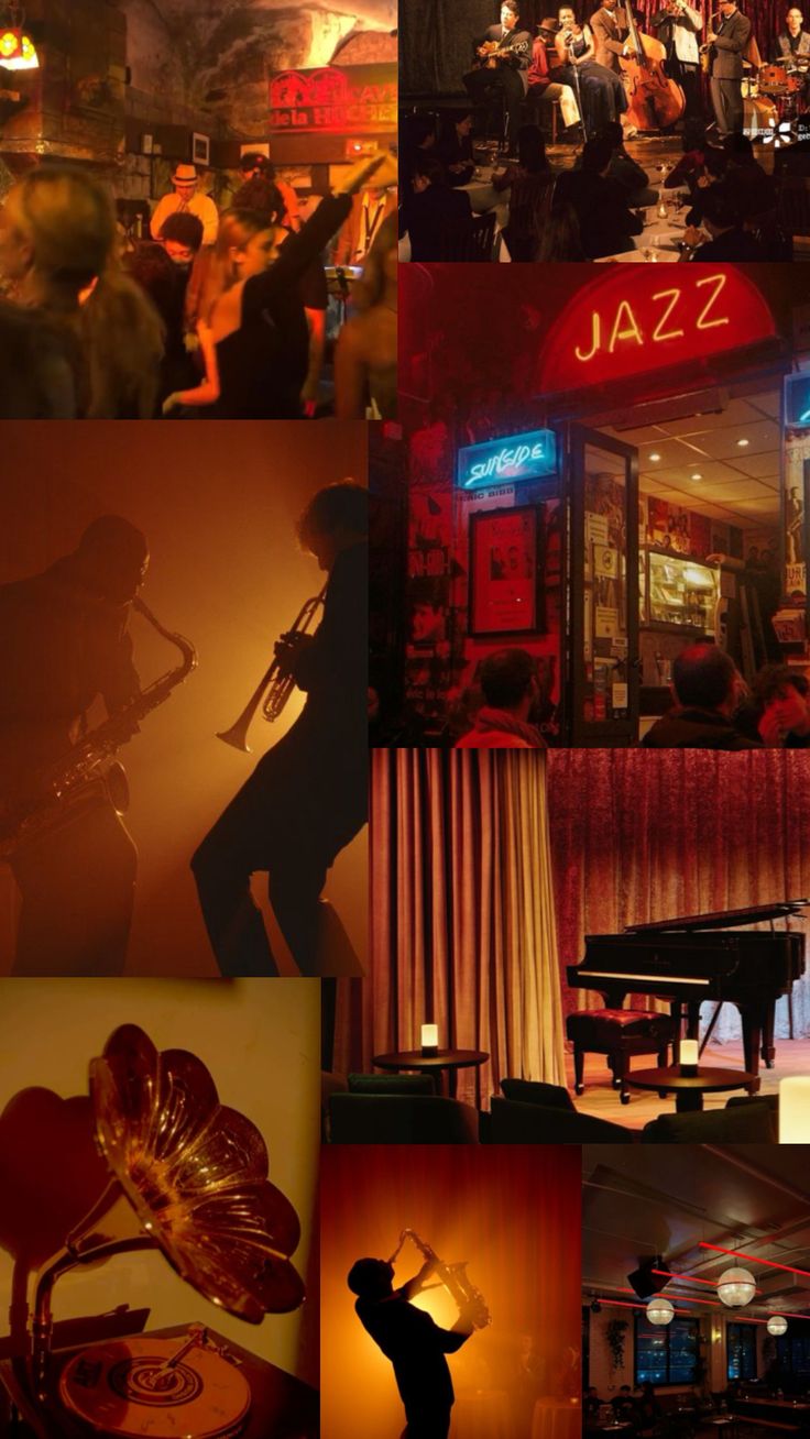 a collage of photos with various musical instruments and people in the background at night