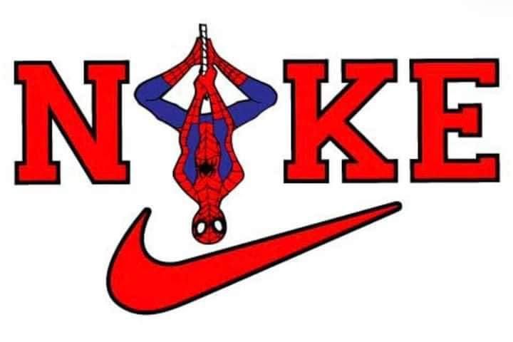 the nike logo is red, white and blue with a spiderman hanging from it