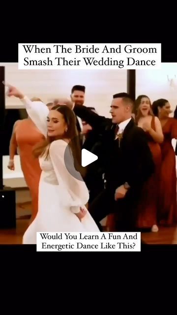 a group of people standing around each other in front of a dance floor with the caption'when the bride and groom smash their wedding dance, would you learn fun and energetic dance like this?