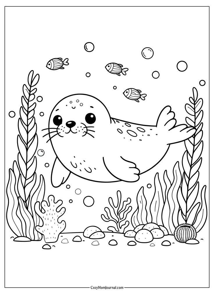 a sea lion swimming in the ocean coloring page