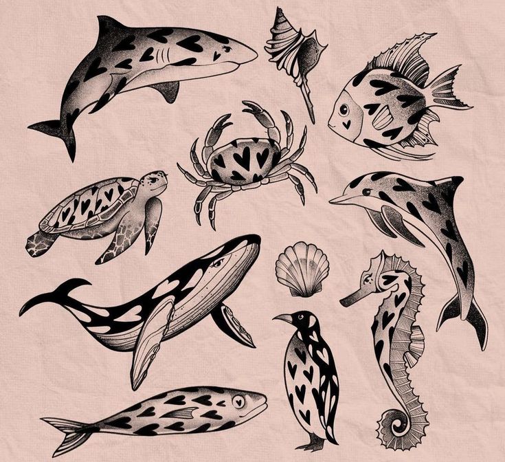 an image of sea animals in black and white on pink paper with watermarks