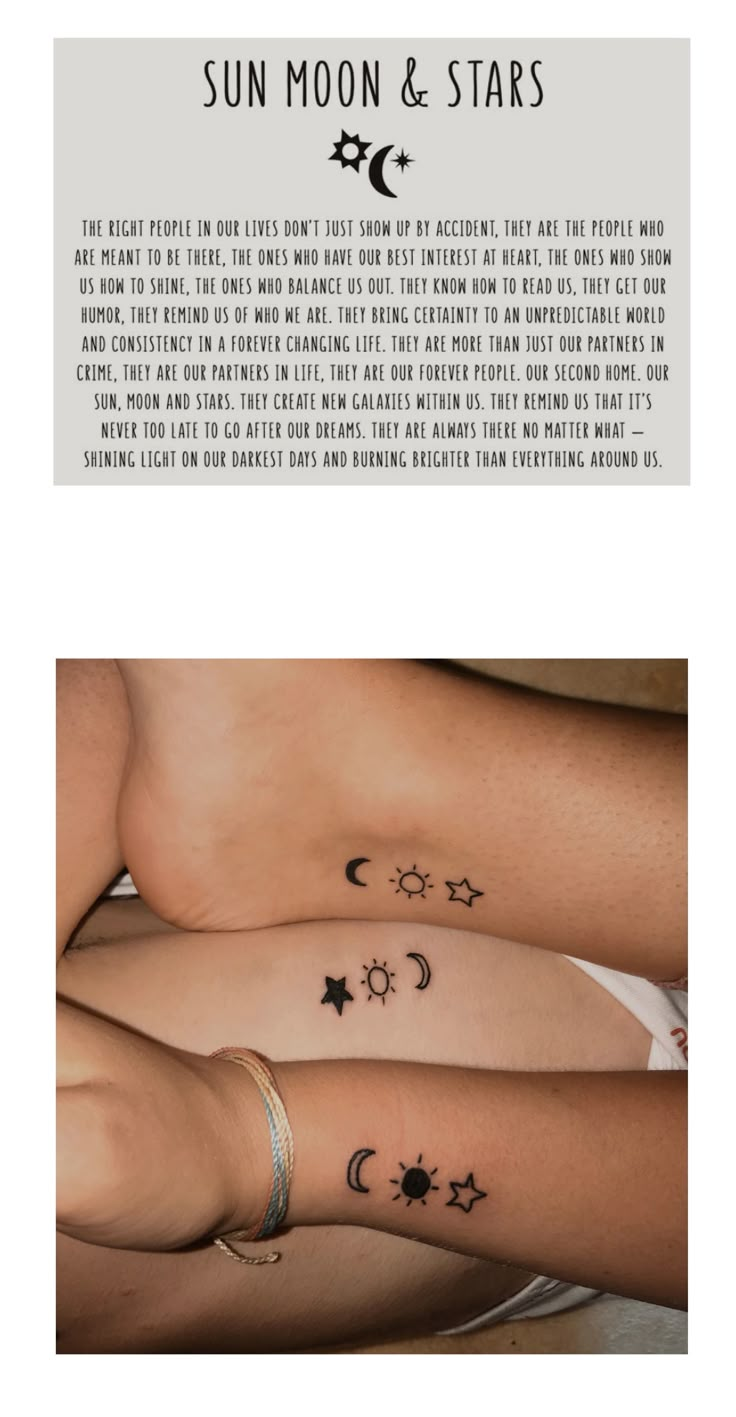 two women with tattoos on their arms and legs, both showing the moon and stars