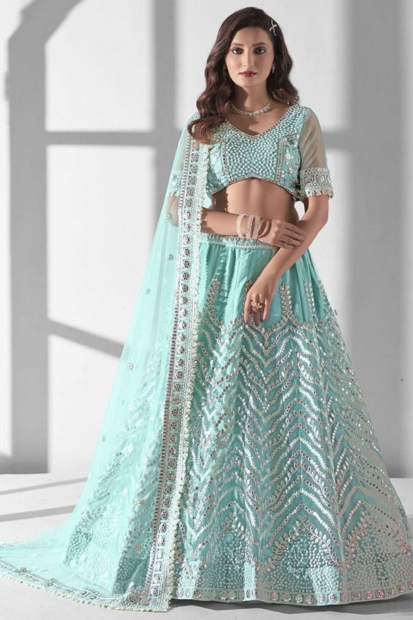 Indian Ghagra Choli, Indian Ghagra, Gota Patti Lehenga, Faux Mirror, Sequin Lehenga, Gota Patti Work, Bridesmaid Lehenga, Powder Blue Color, Party Wear Lehenga Choli