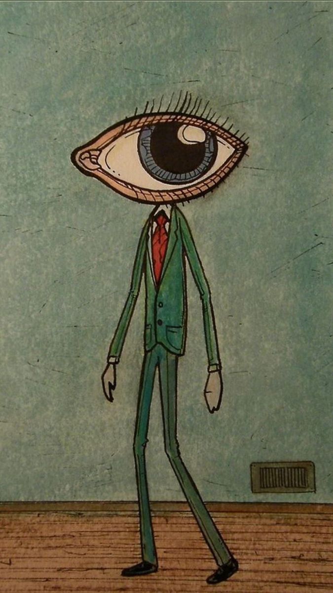 a drawing of a man with an eyeball on his head, standing in front of a wall