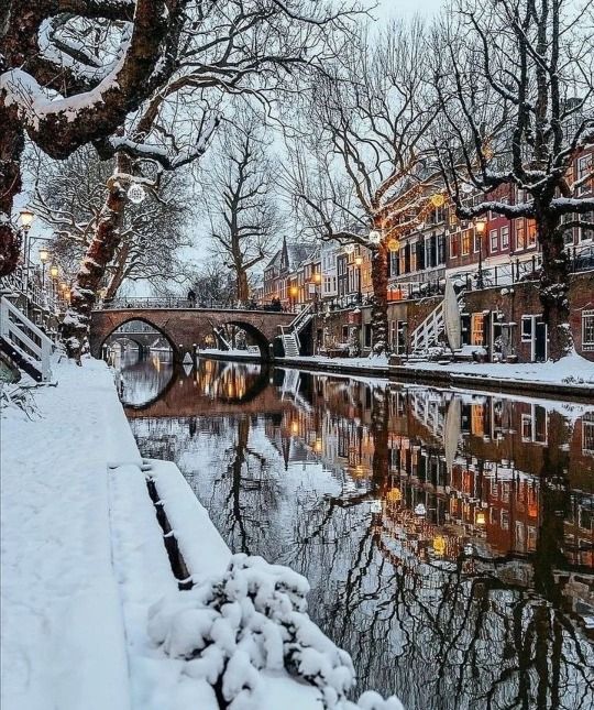 a river with snow on the ground next to buildings and trees in front of it