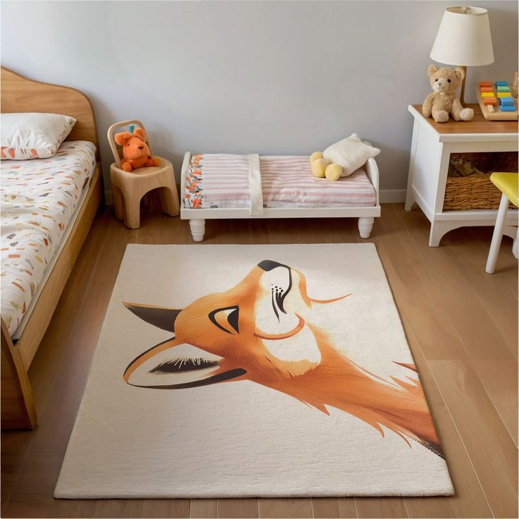 a child's bedroom with a bed, dresser and rug in the shape of a fox