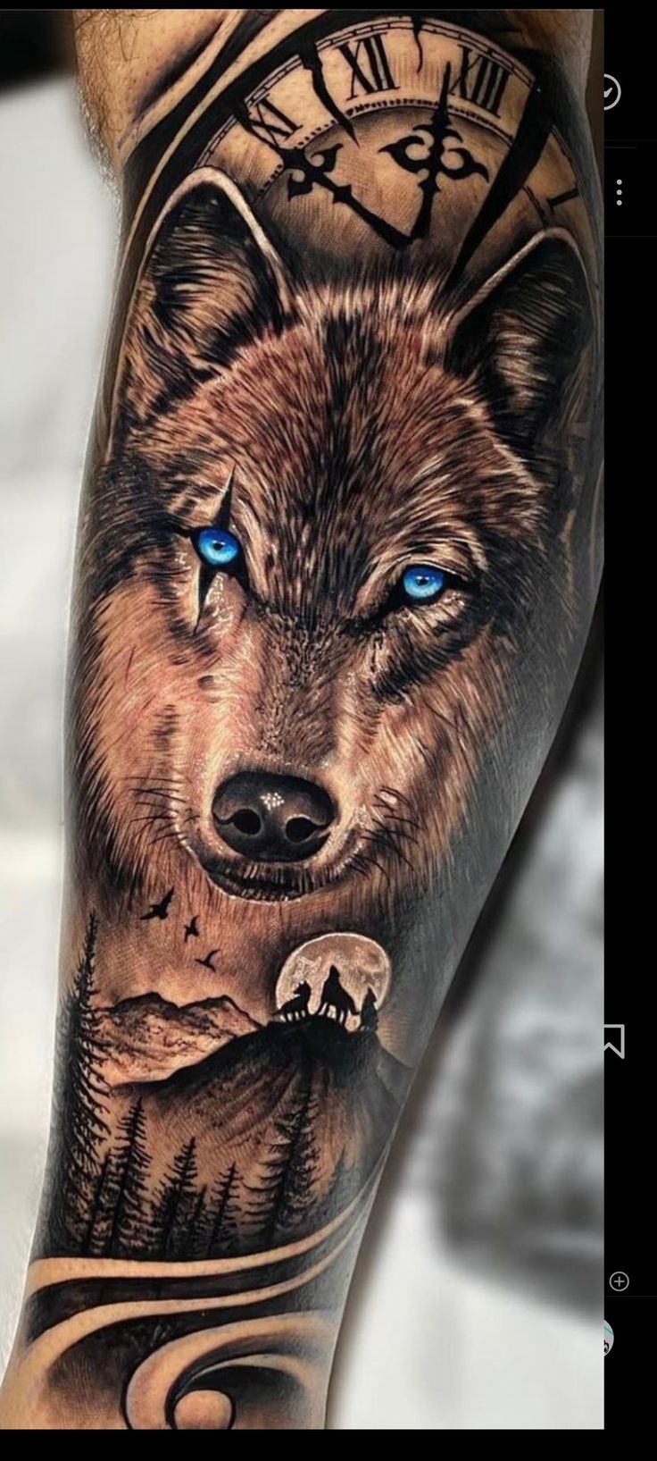 a man's arm with a wolf tattoo on it and blue eyes in the background