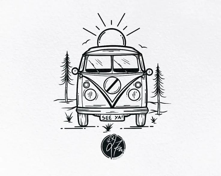 a drawing of a vw bus with trees in the background