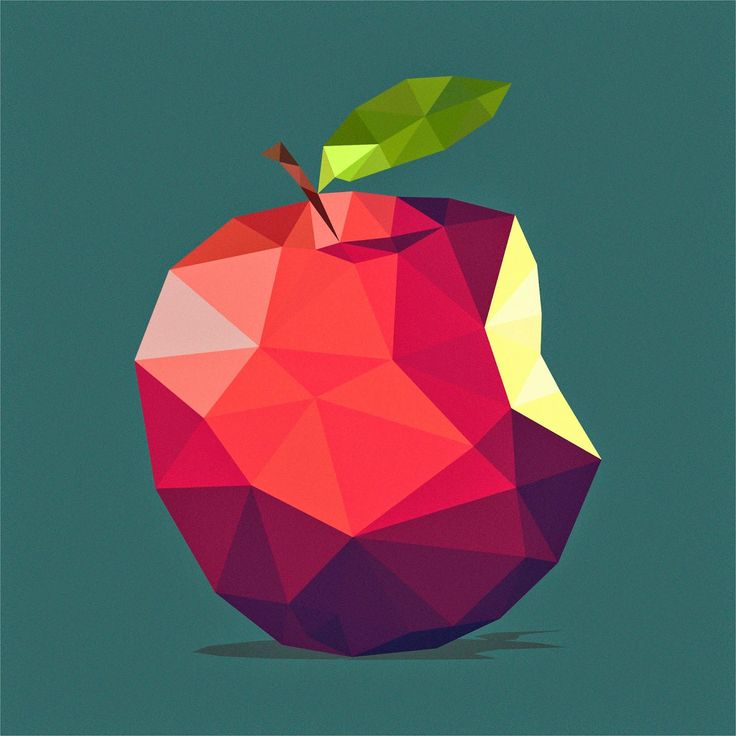 an apple with a leaf on top of it in low poly art style, against a blue background