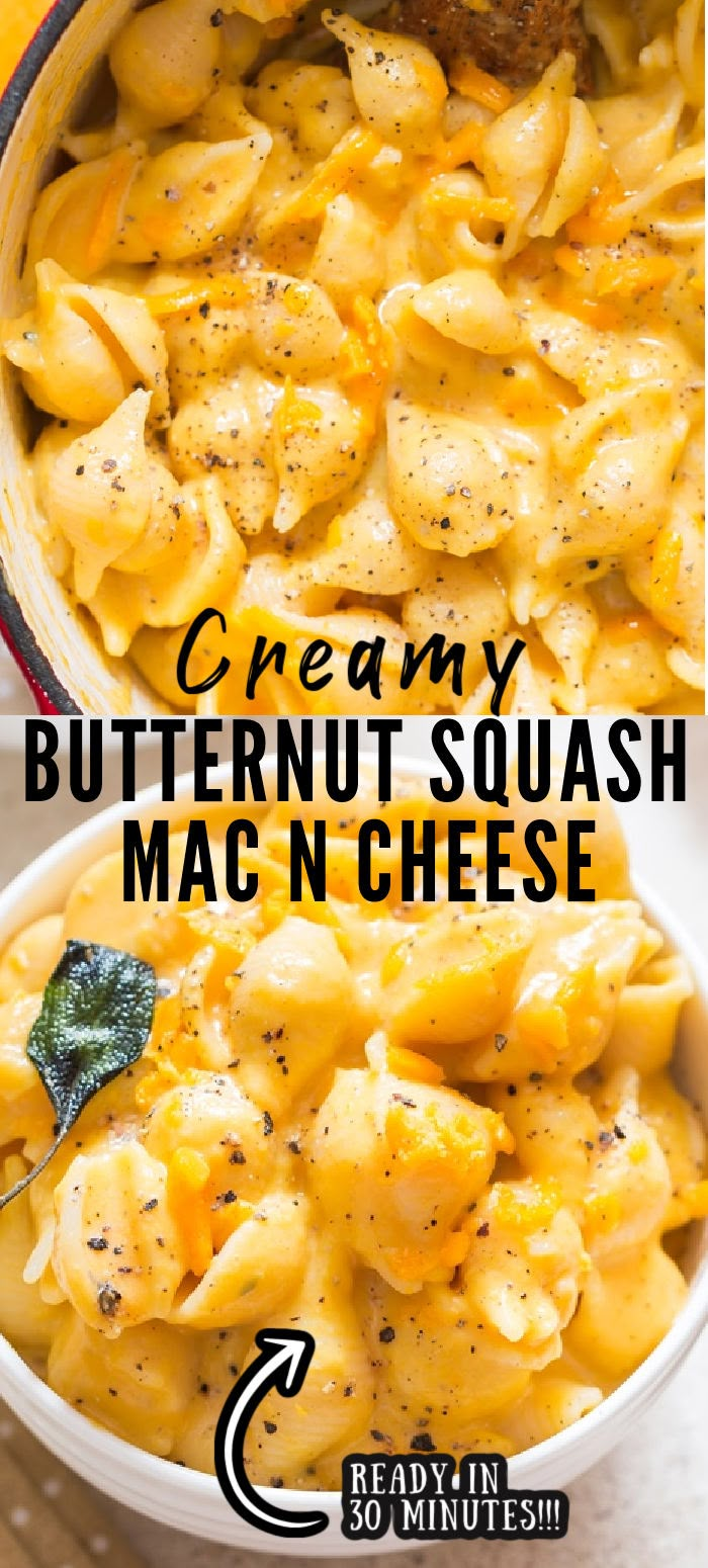 creamy butternut squash mac and cheese in a white bowl with the words creamy butternut squash mac and cheese