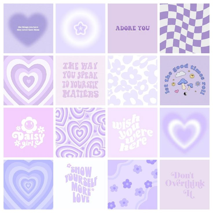 many different greeting cards with hearts and words in purple, white and pink colors on them