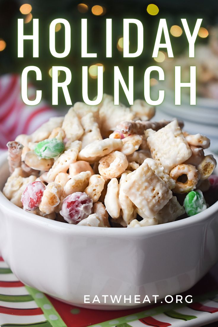 a white bowl filled with holiday crunch cereal