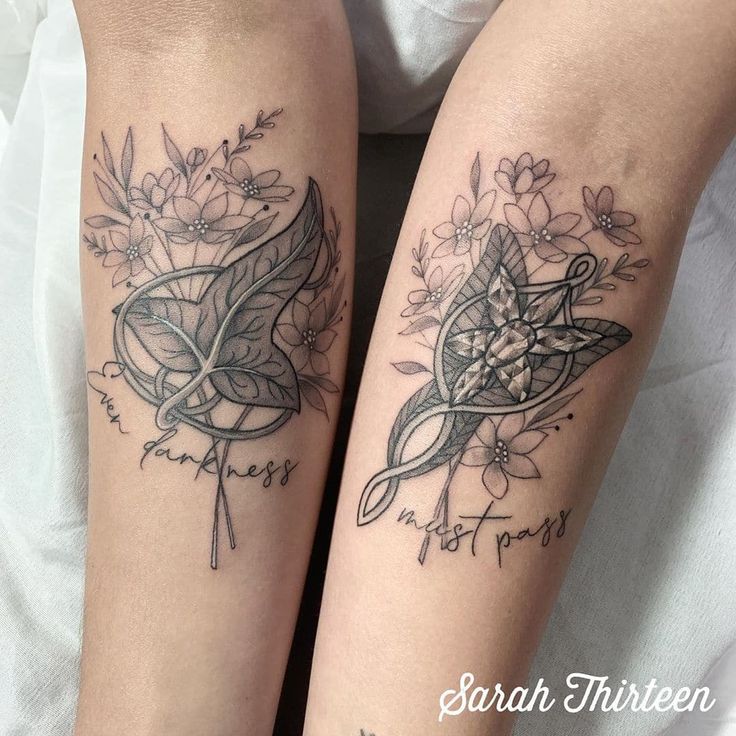 two tattoos that are on the legs of someone's legs and one has flowers