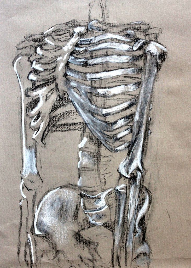 a drawing of a skeleton sitting in front of a chair with a cat on it