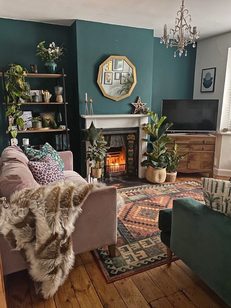 a living room filled with furniture and a fire place