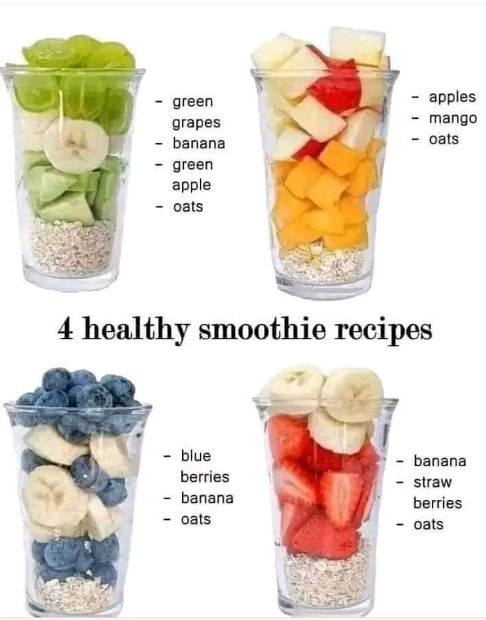 four healthy smoothie cups with different fruits and vegetables in them, labeled on each side