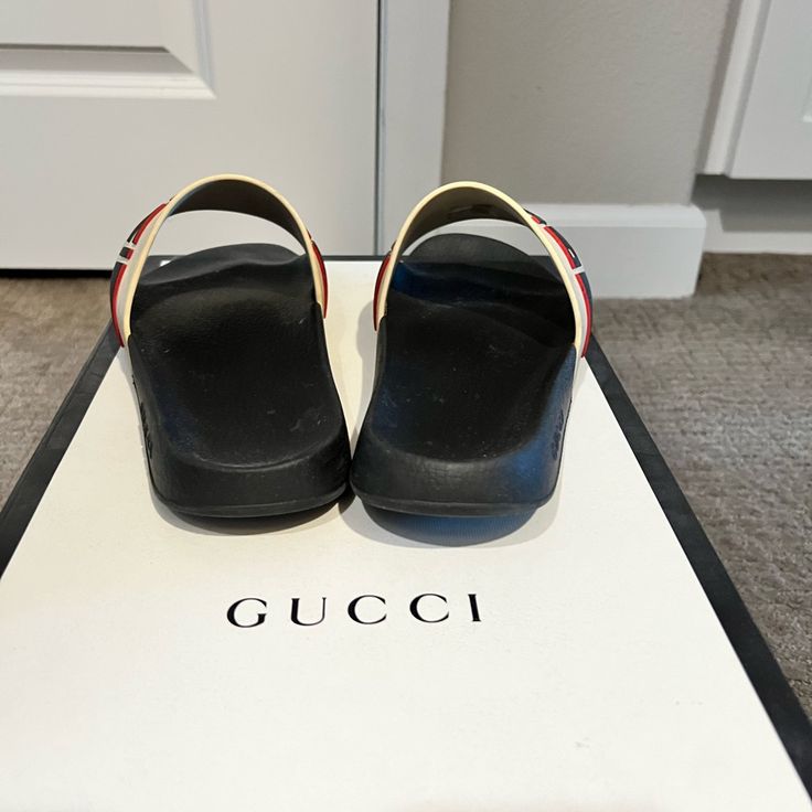 Gucci Sandals Blue White And Red Size 8 Gucci Open Toe Sandals For Beach, Designer Flat Slides For Beach, Designer Slide Sandals With Cushioned Footbed, Designer Beach Slides With Cushioned Footbed, Gucci Slides For Summer Beach, Designer Beach Slides With Branded Insole, Designer Slides With Branded Insole For Beach, Gucci Casual Slides For Summer, Gucci Summer Slides With Round Toe