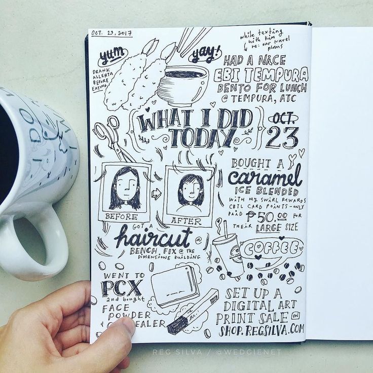 a person holding a coffee cup in front of a book with doodles on it