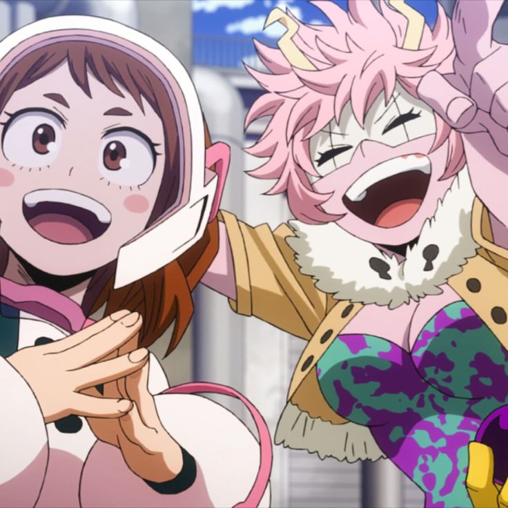 two anime characters with pink hair and one is holding her hands up in the air