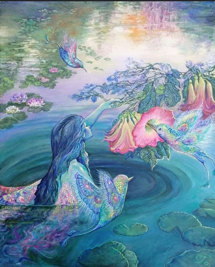 a painting of two mermaids in the water with lily pads and butterflies flying around