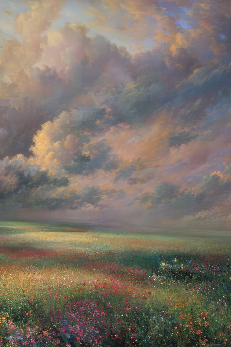 an oil painting of a field with flowers and clouds