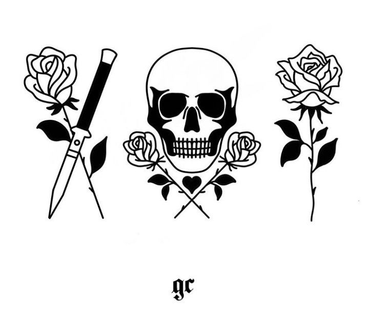 a skull and two roses with scissors