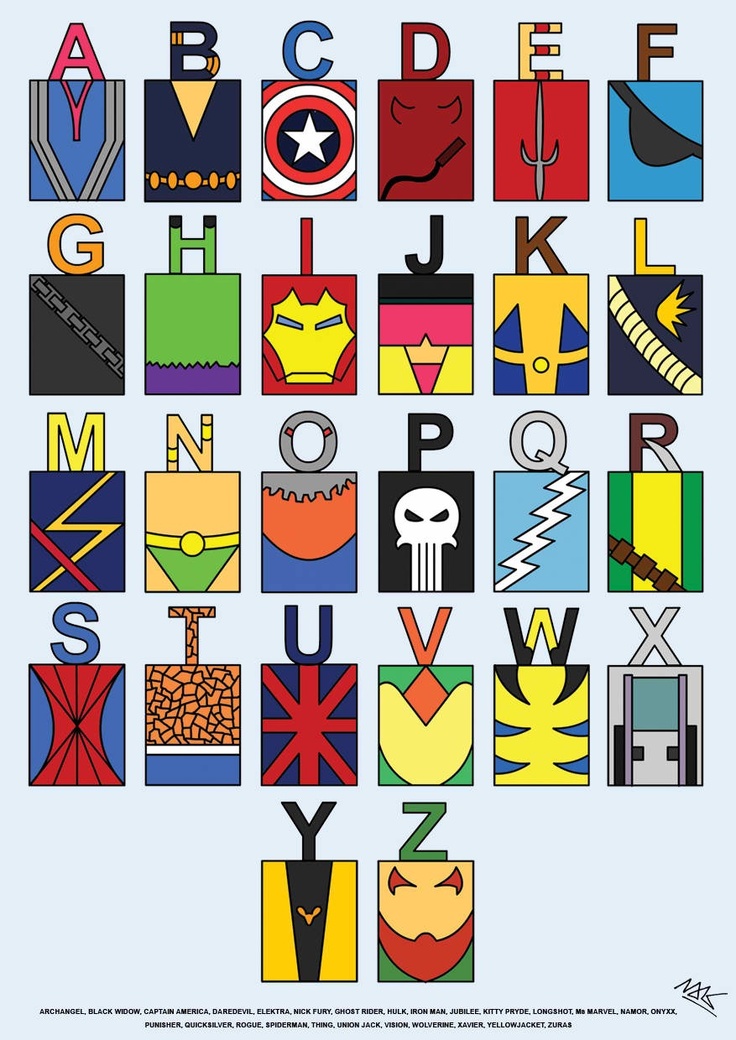 the alphabet is made up of superheros and their letters are all in different colors