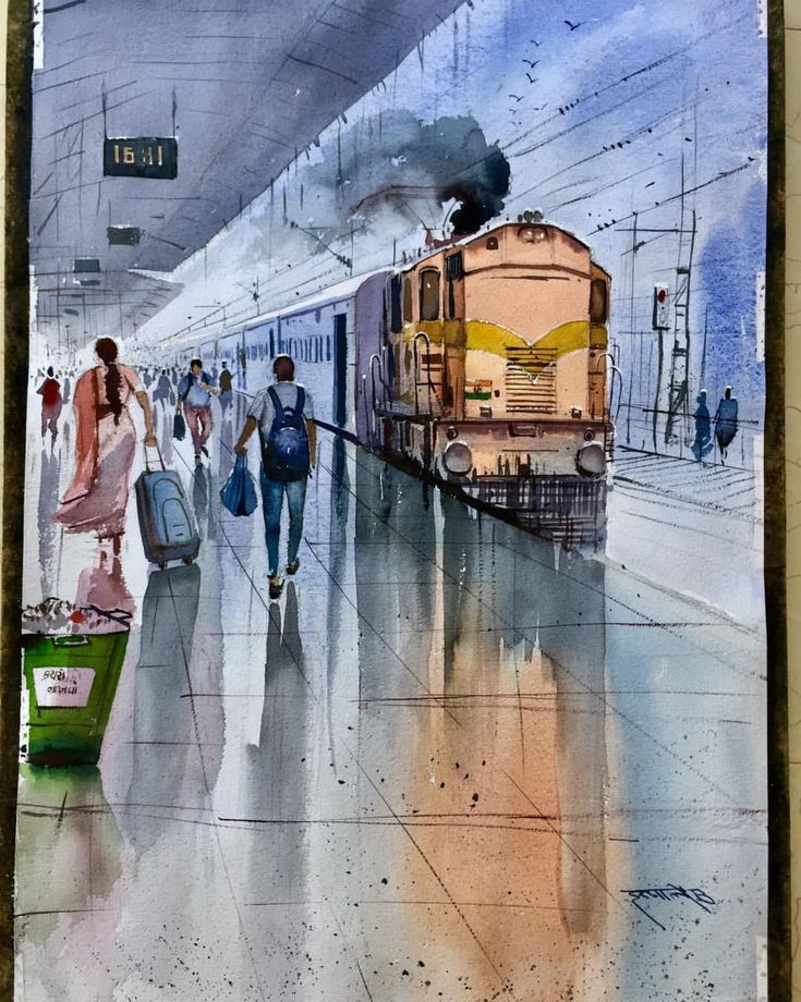 a watercolor painting of people walking down a train station with luggage and a bus