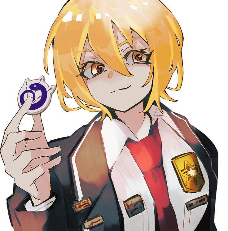 an anime character with blonde hair holding a cell phone