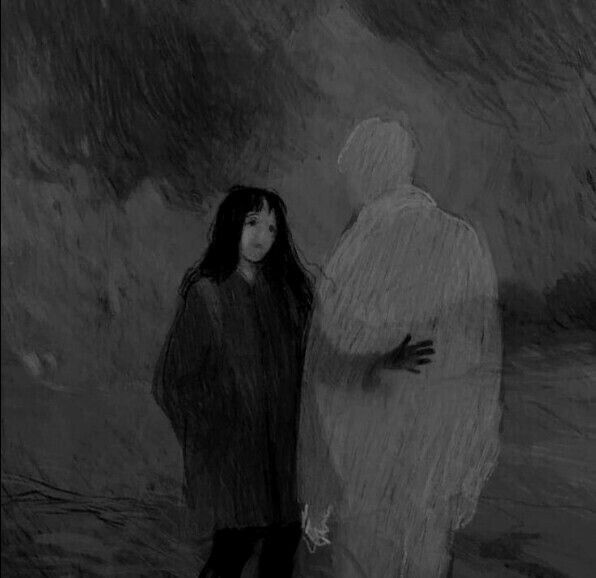 a black and white drawing of two people standing in front of a dark background, one holding the other's hand