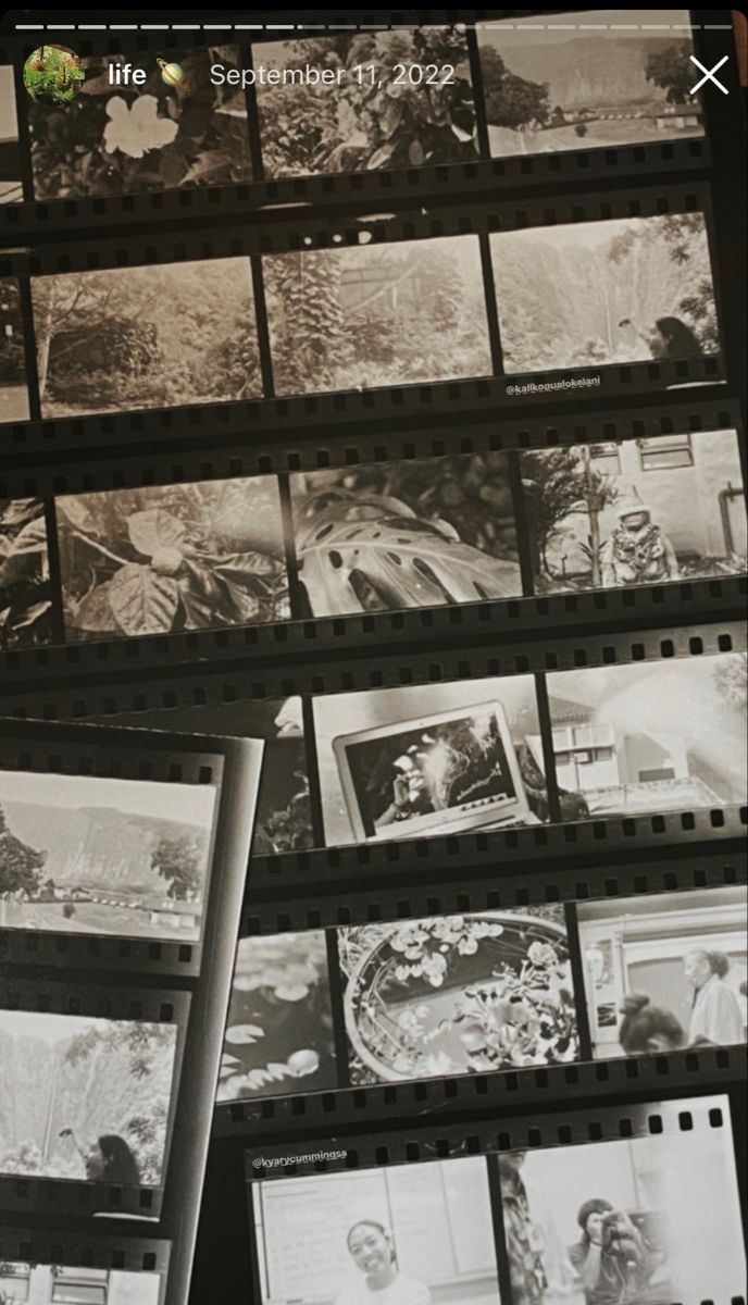 old black and white photographs are stacked on top of each other with film strips in front of them