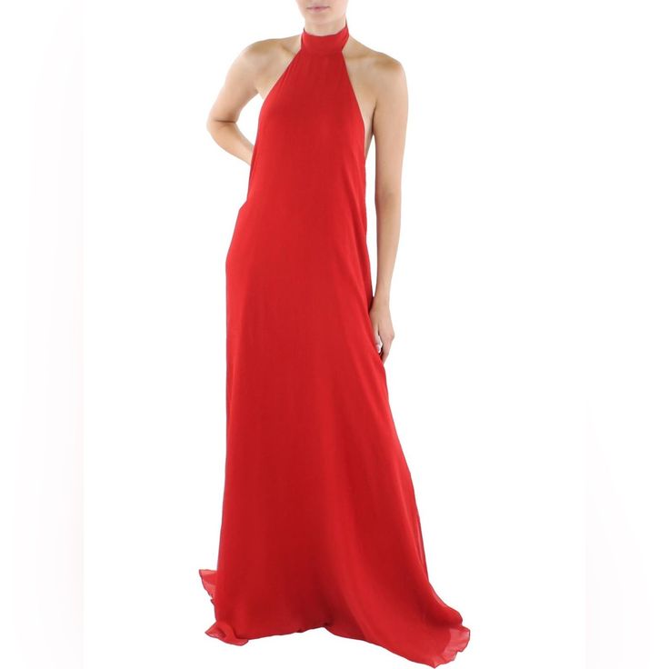 Beautiful,Red Halston Evening Gown. Nwt. Size 8 With A Loose Fit. 58” In Length. Red Pre-draped Maxi Dress, Formal Pre-draped Halter Neck Maxi Dress, Elegant Red Carpet Dress With Back Opening, Red Sleeveless Dress With Back Opening, Elegant Red Evening Dress With Back Opening, Red Pre-draped Maxi Dress For Evening, Silk Maxi Dress For Red Carpet, Pre-draped Red Maxi Dress For Evening, Fitted Dress With Back Opening For Red Carpet