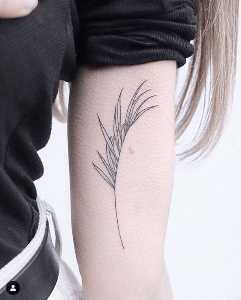 a woman's arm with a feather tattoo on the left side of her arm