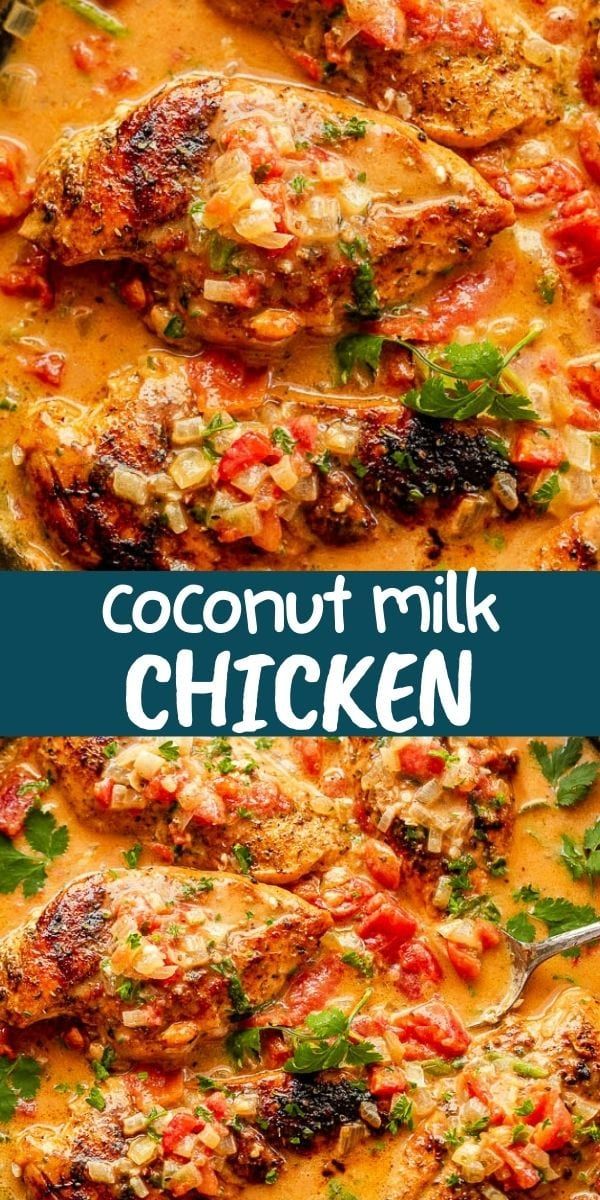 coconut milk chicken with tomatoes and parsley in a skillet