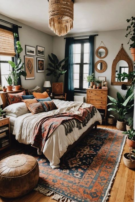 a bed room with a neatly made bed and lots of plants