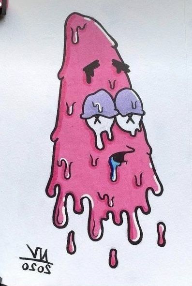 a drawing of a pink piece of food with googly eyes